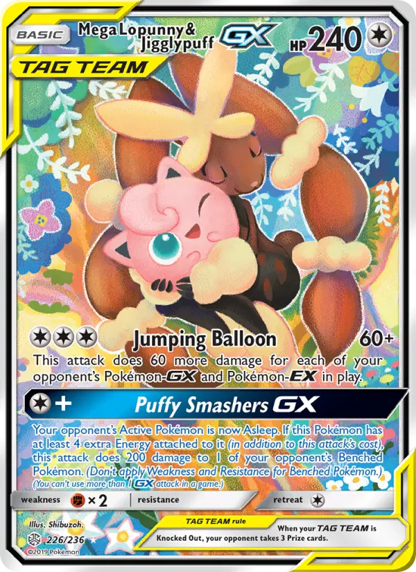 Mega Lopunny & Jigglypuff GX Ultra Rare Pokemon card #226 from Cosmic Eclipse