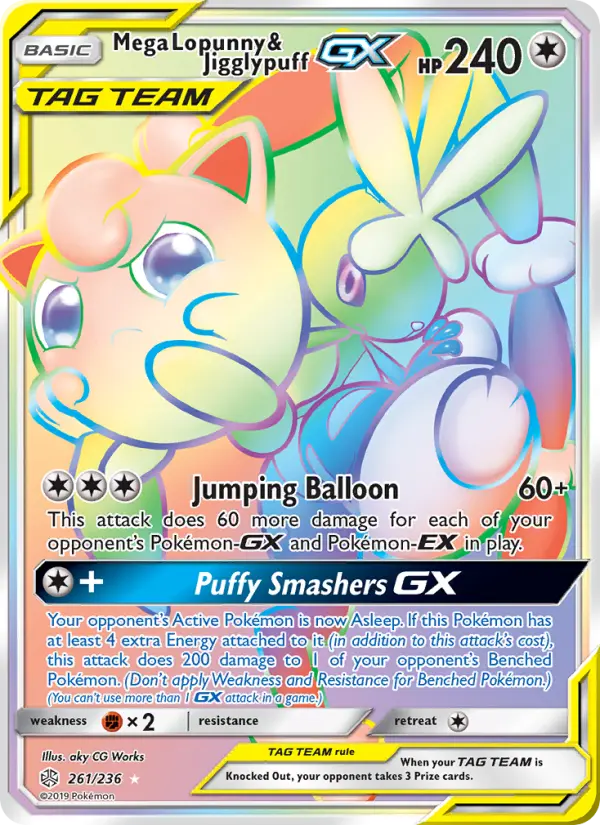 Mega Lopunny & Jigglypuff GX Secret Rare Pokemon card #261 from Cosmic Eclipse