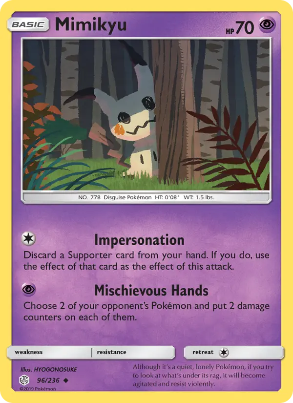 Mimikyu Uncommon Pokemon card #96 from Cosmic Eclipse
