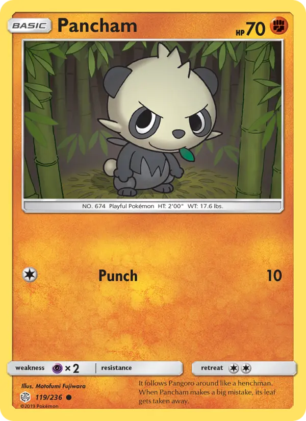 Pancham Common Pokemon card #119 from Cosmic Eclipse