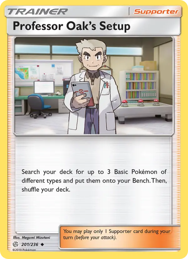 Professor Oak’s Setup Uncommon Pokemon card #201 from Cosmic Eclipse