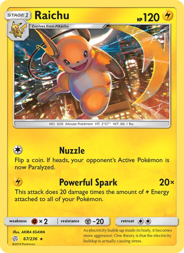 Raichu Rare Pokemon card #67 from Cosmic Eclipse