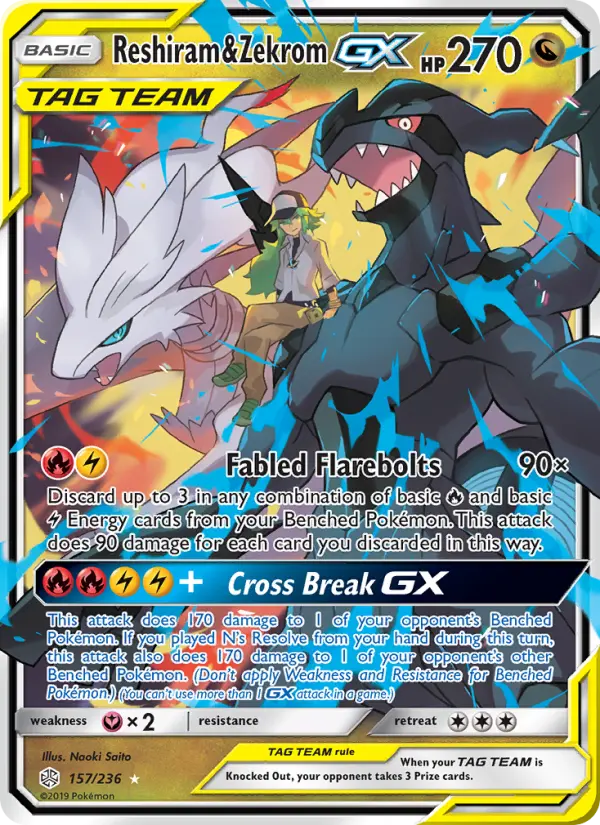 Reshiram & Zekrom GX Ultra Rare Pokemon card #157 from Cosmic Eclipse