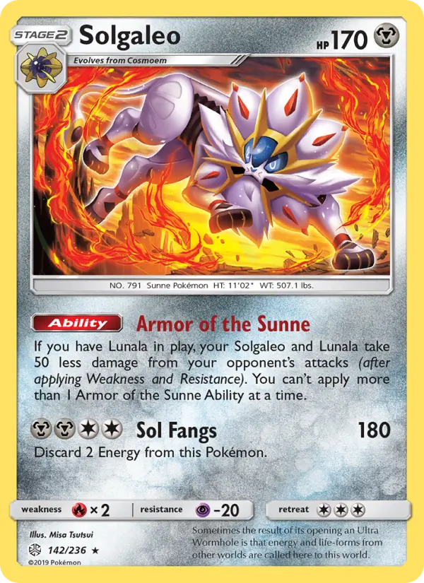 Solgaleo Rare Pokemon card #142 from Cosmic Eclipse