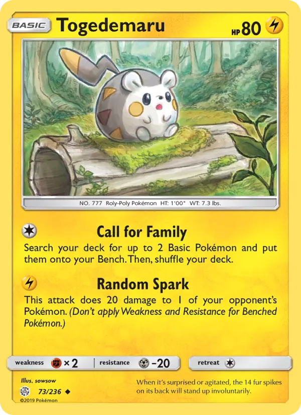Togedemaru Uncommon Pokemon card #73 from Cosmic Eclipse
