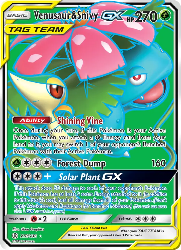 Venusaur & Snivy GX Ultra Rare Pokemon card #210 from Cosmic Eclipse
