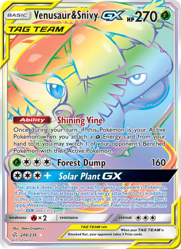 Venusaur & Snivy GX Secret Rare Pokemon card #249 from Cosmic Eclipse
