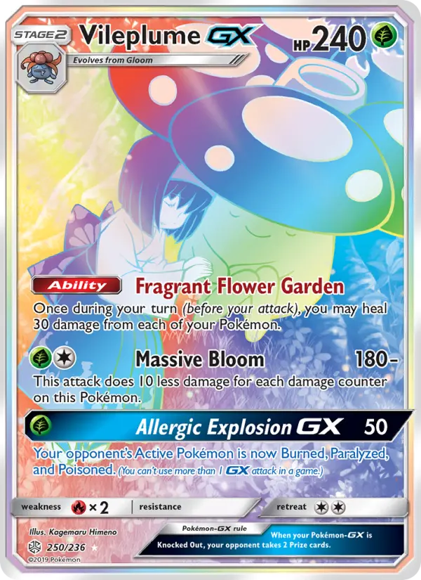 Vileplume GX Secret Rare Pokemon card #250 from Cosmic Eclipse