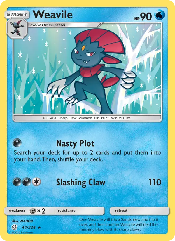 Weavile Rare Pokemon card #44 from Cosmic Eclipse