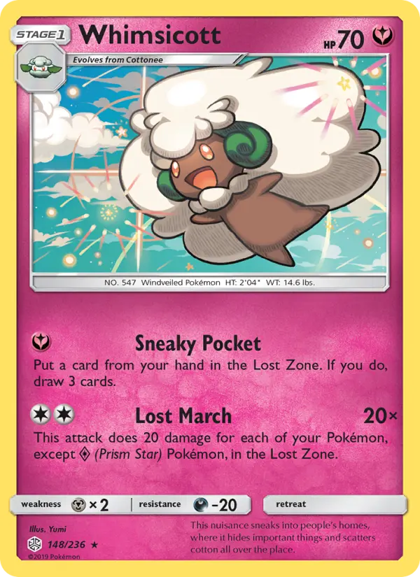 Whimsicott Rare Pokemon card #148 from Cosmic Eclipse