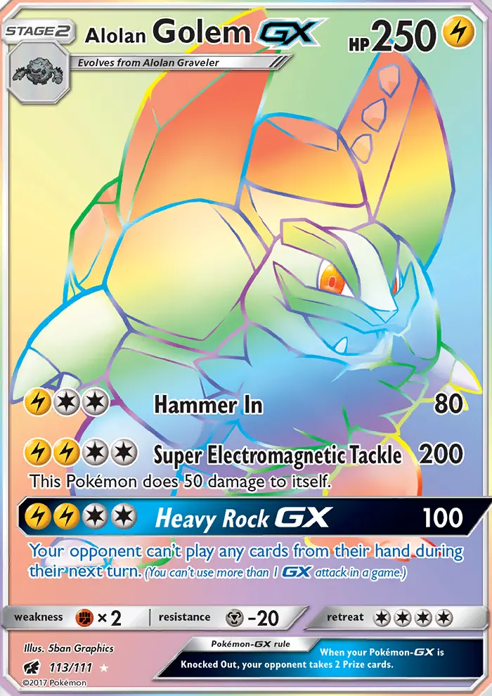 Alolan Golem GX Secret Rare Pokemon card #113 from Crimson Invasion