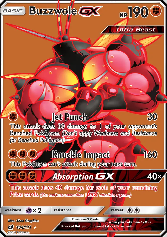 Buzzwole GX Ultra Rare Pokemon card #104 from Crimson Invasion