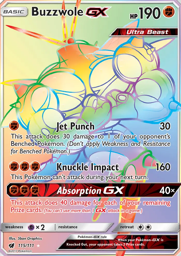 Buzzwole GX Secret Rare Pokemon card #115 from Crimson Invasion