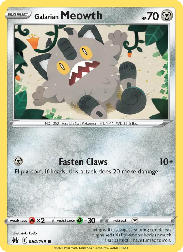 Galarian Meowth Common Pokemon card #084 from Crown Zenith