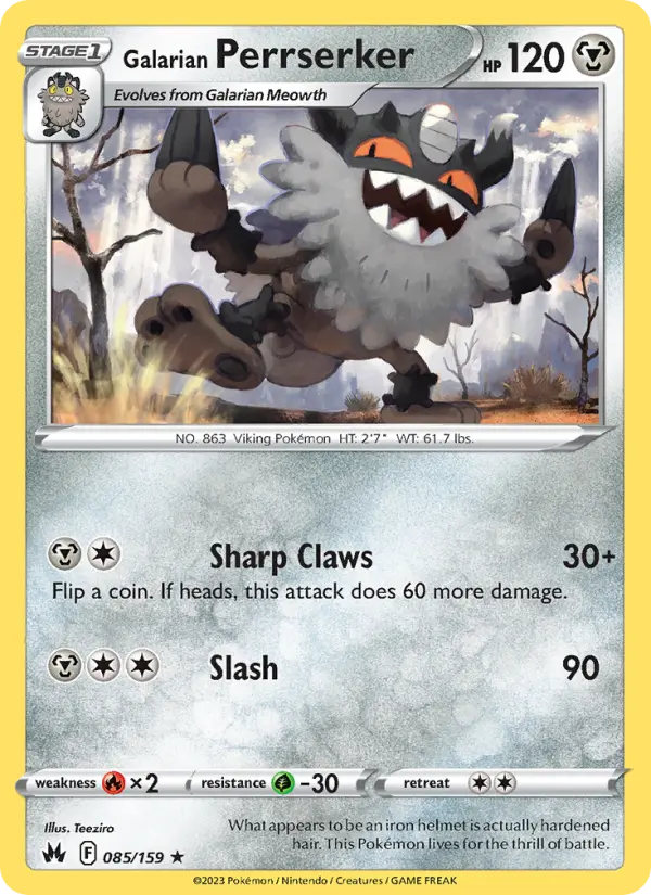 Galarian Perrserker Rare Pokemon card #085 from Crown Zenith