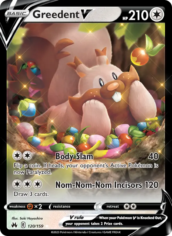 Greedent V Holo Rare V Pokemon card #120 from Crown Zenith