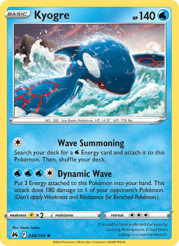 Kyogre Holo Rare Pokemon card #036 from Crown Zenith