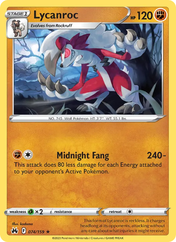 Lycanroc Rare Pokemon card #074 from Crown Zenith
