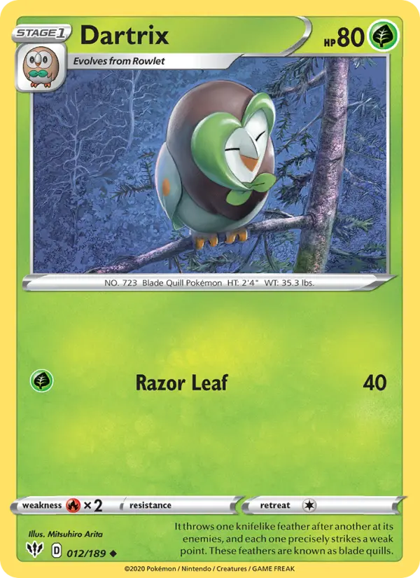 Dartrix Uncommon Pokemon card #12 from Darkness Ablaze