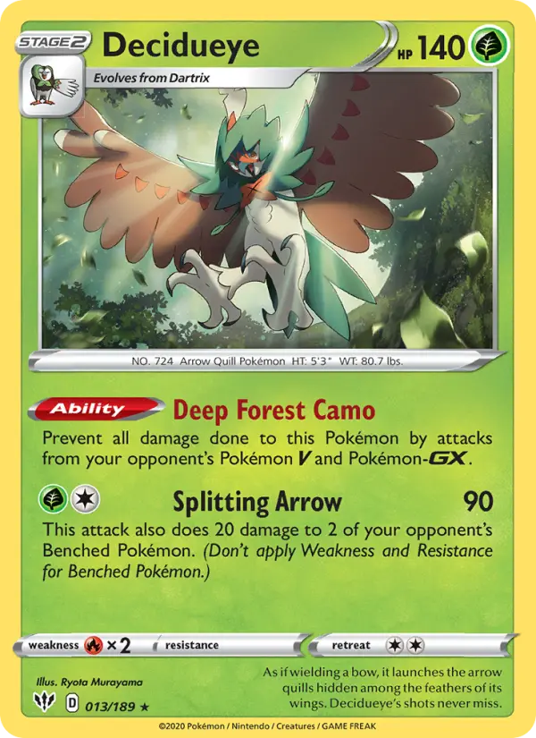 Decidueye Holo Rare Pokemon card #13 from Darkness Ablaze