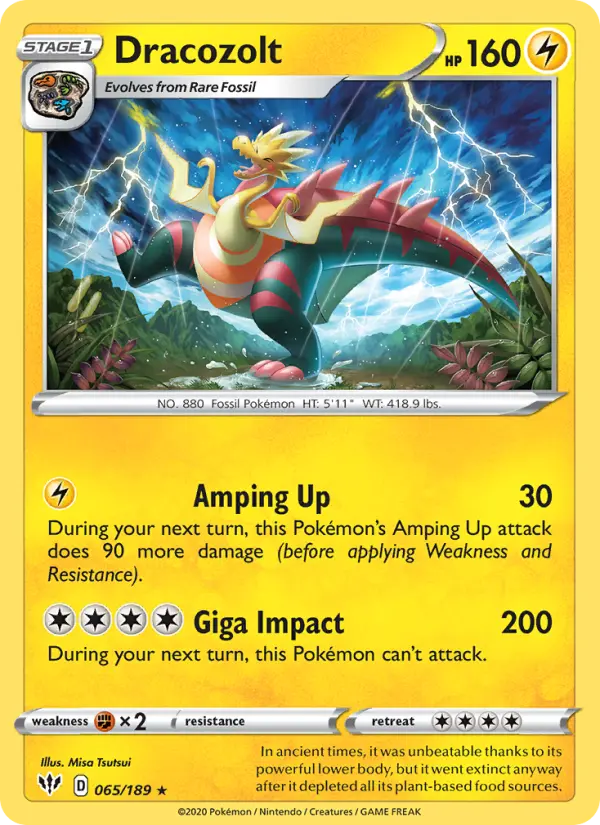 Dracozolt Rare Pokemon card #65 from Darkness Ablaze