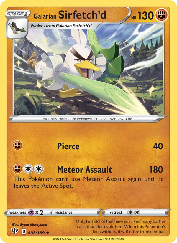Galarian Sirfetch'd Rare Pokemon card #98 from Darkness Ablaze
