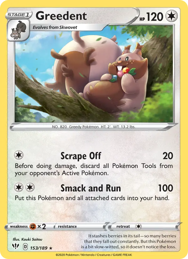 Greedent Rare Pokemon card #153 from Darkness Ablaze
