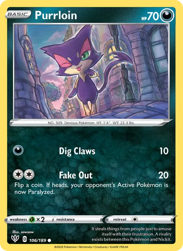 Purrloin Common Pokemon card #106 from Darkness Ablaze