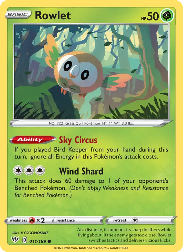 Rowlet Common Pokemon card #11 from Darkness Ablaze