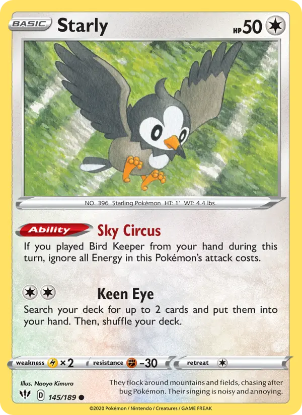 Starly Common Pokemon card #145 from Darkness Ablaze