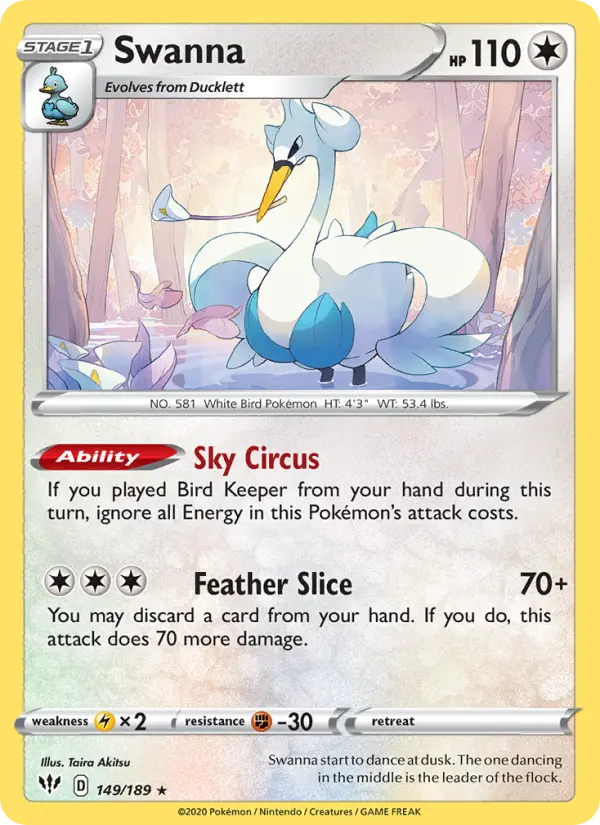 Swanna Rare Pokemon card #149 from Darkness Ablaze