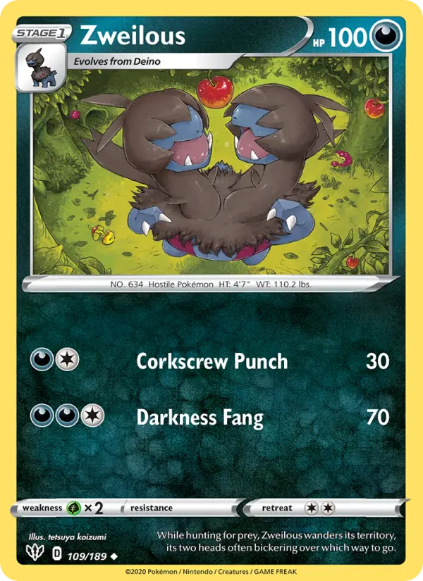 Zweilous Uncommon Pokemon card #109 from Darkness Ablaze