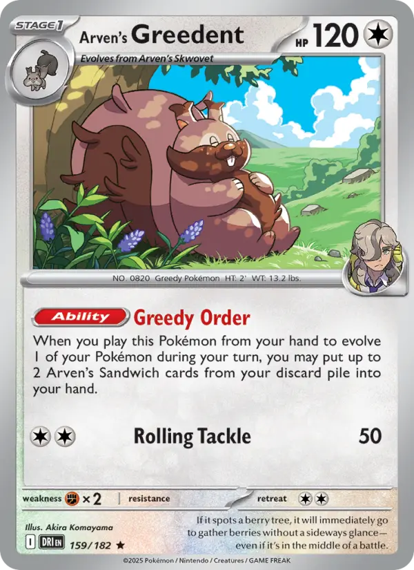 Arven's Greedent Rare Pokemon card #159 from Destined Rivals