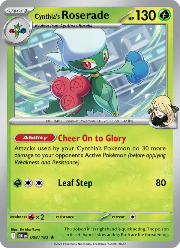Cynthia's Roserade Rare Pokemon card #008 from Destined Rivals