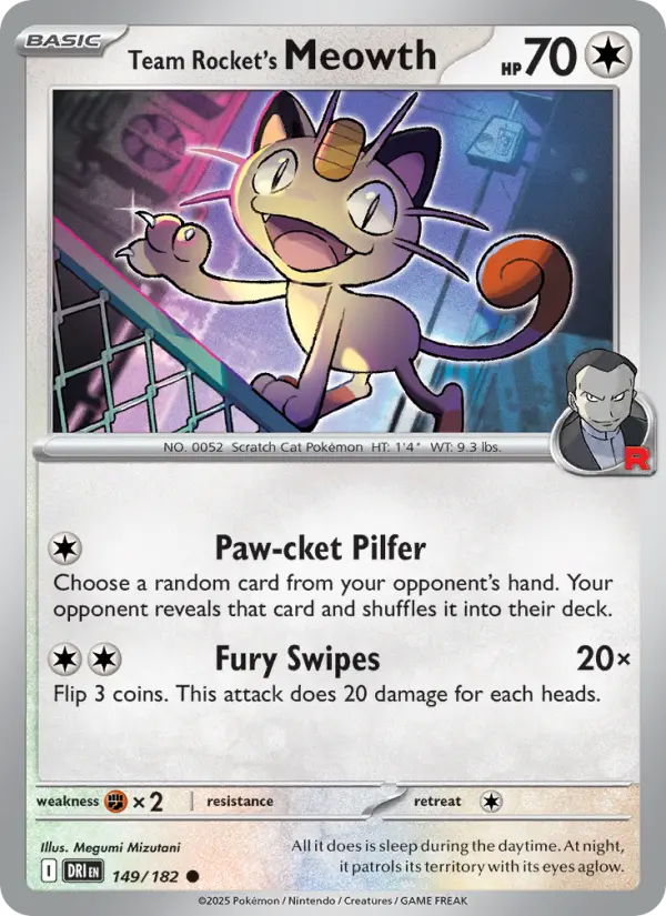 Team Rocket's Meowth Common Pokemon card #149 from Destined Rivals