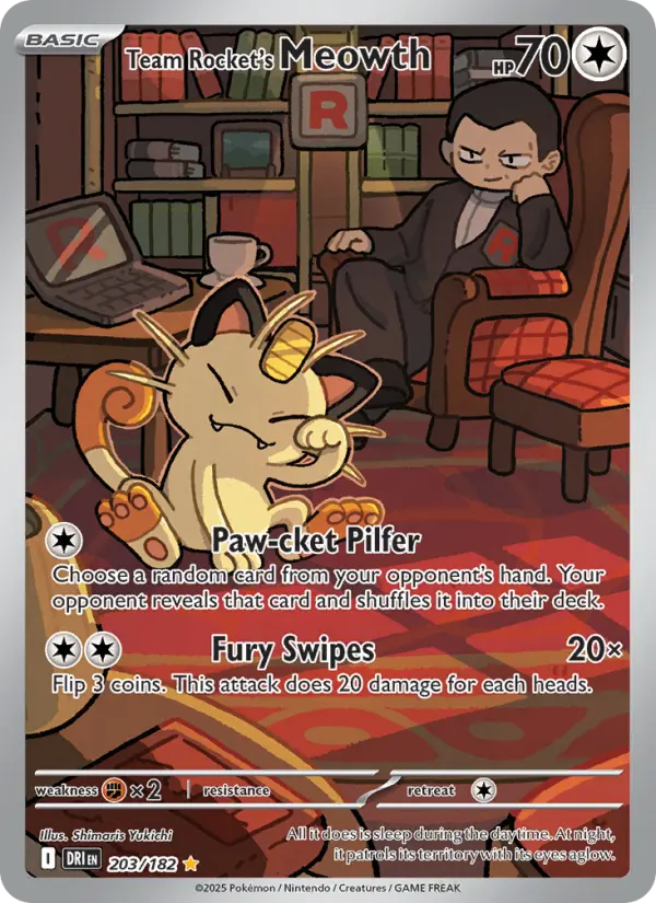 Team Rocket's Meowth Illustration rare Pokemon card #203 from Destined Rivals