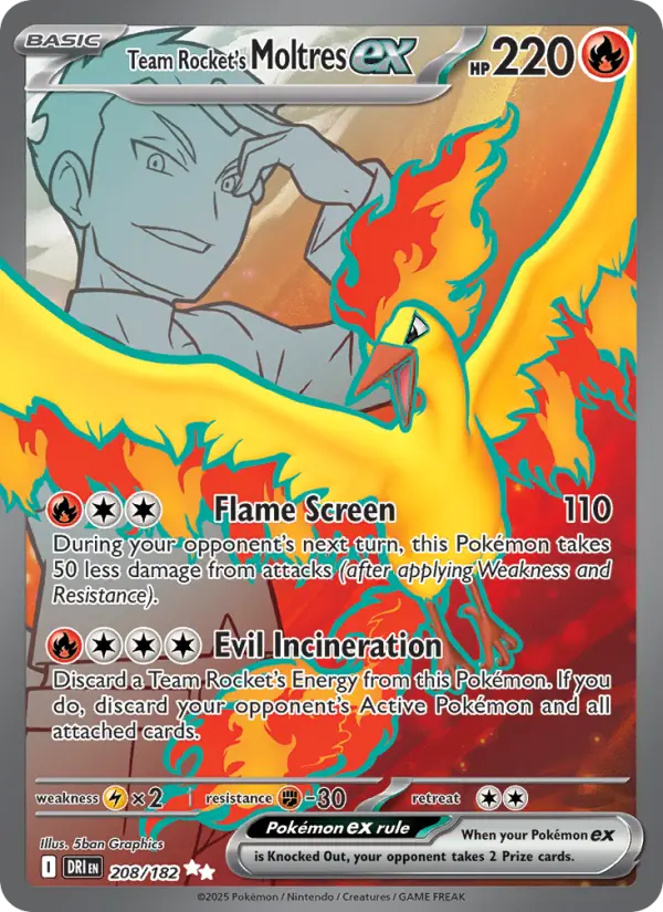 Team Rocket's Moltres ex Ultra Rare Pokemon card #208 from Destined Rivals