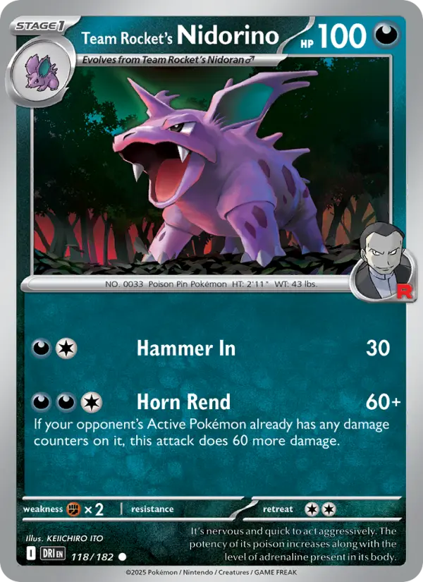 Team Rocket's Nidorino Common Pokemon card #118 from Destined Rivals