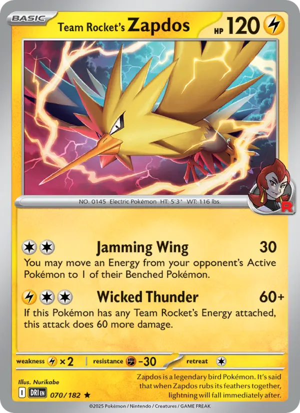 Team Rocket's Zapdos Rare Pokemon card #070 from Destined Rivals