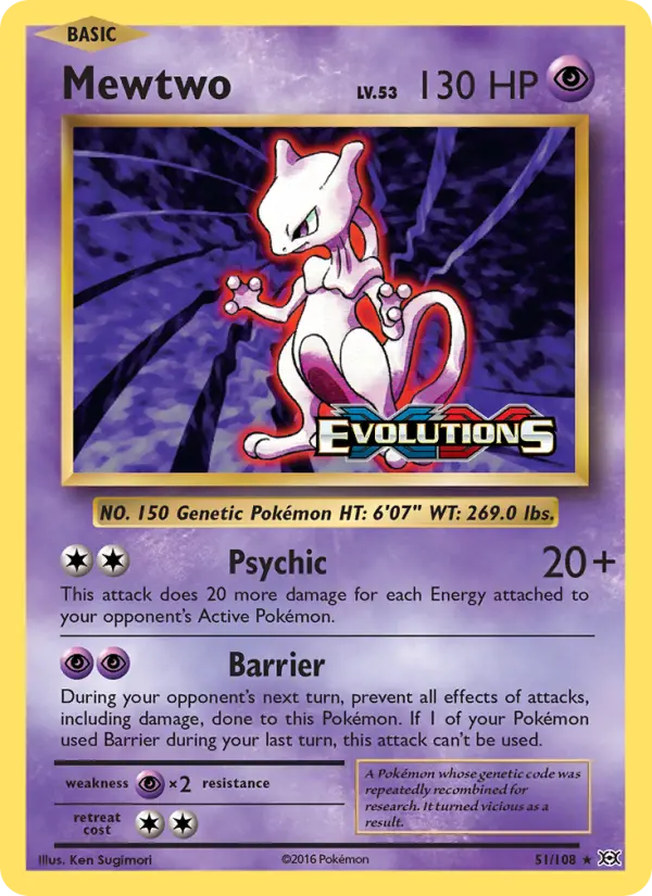 Mewtwo Rare Pokemon card #51 from Evolutions
