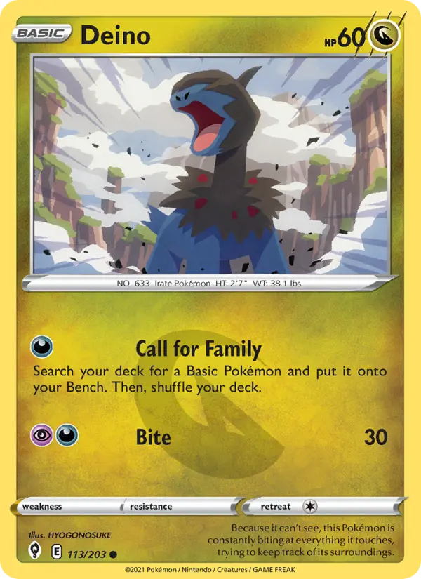 Deino Common Pokemon card #113 from Evolving Skies