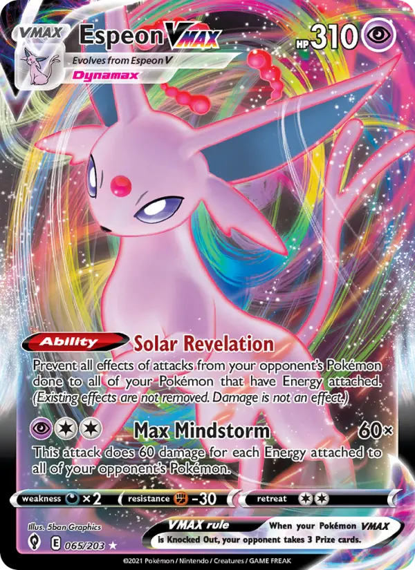 Espeon VMAX Holo Rare VMAX Pokemon card #65 from Evolving Skies
