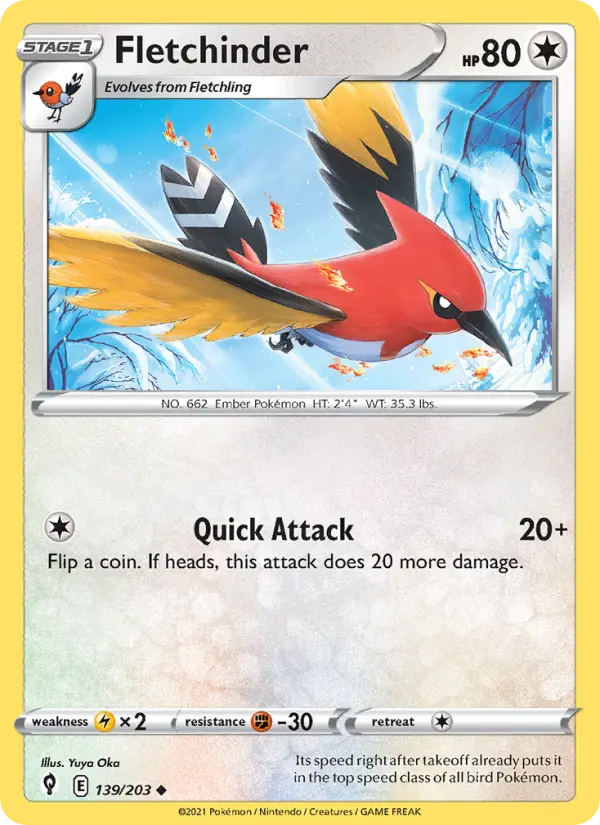 Fletchinder Uncommon Pokemon card #139 from Evolving Skies
