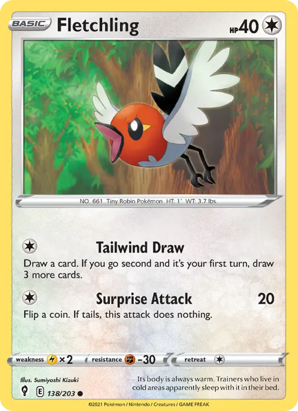 Fletchling Common Pokemon card #138 from Evolving Skies