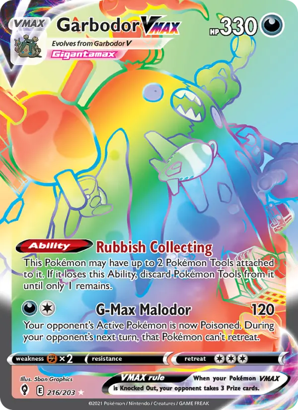 Garbodor VMAX Secret Rare Pokemon card #216 from Evolving Skies
