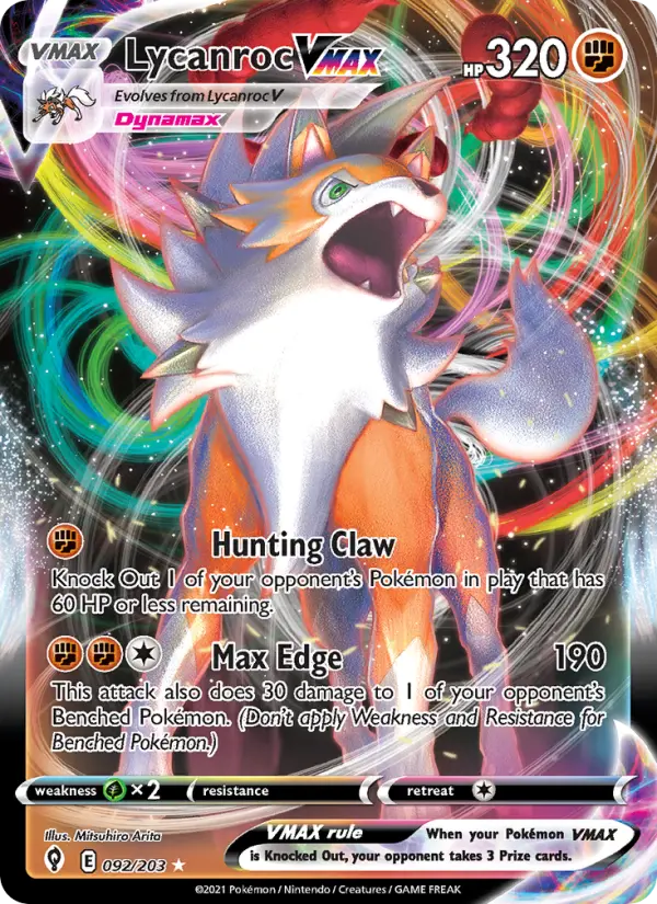 Lycanroc VMAX Holo Rare VMAX Pokemon card #92 from Evolving Skies