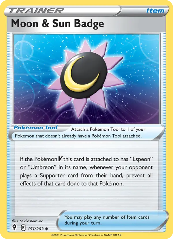Moon & Sun Badge Uncommon Pokemon card #151 from Evolving Skies