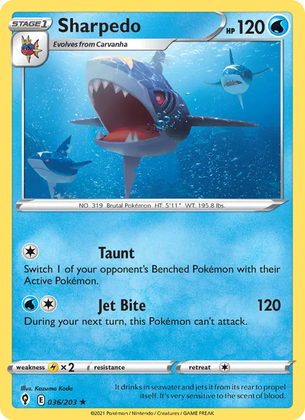 Sharpedo Rare Pokemon card #36 from Evolving Skies