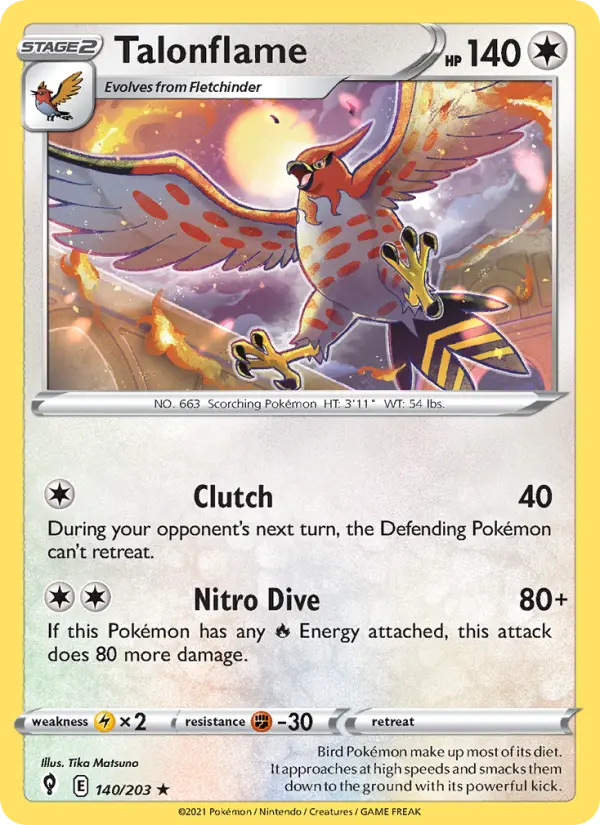 Talonflame Rare Pokemon card #140 from Evolving Skies