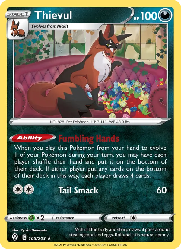 Thievul Rare Pokemon card #105 from Evolving Skies